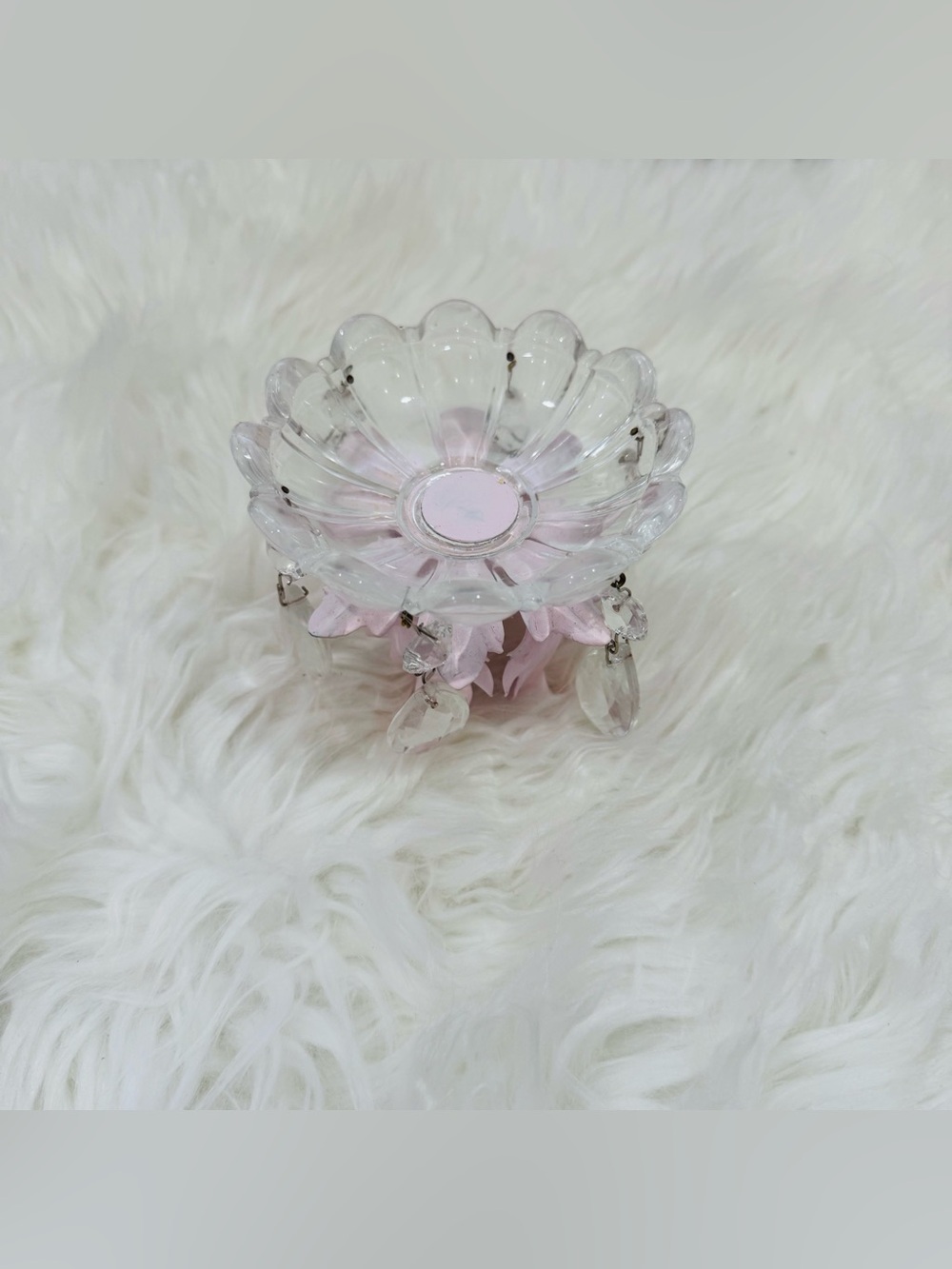 Vintage Pink Floral Glass Candle Holder w/ Crystal Prism Drops Shabby Chic